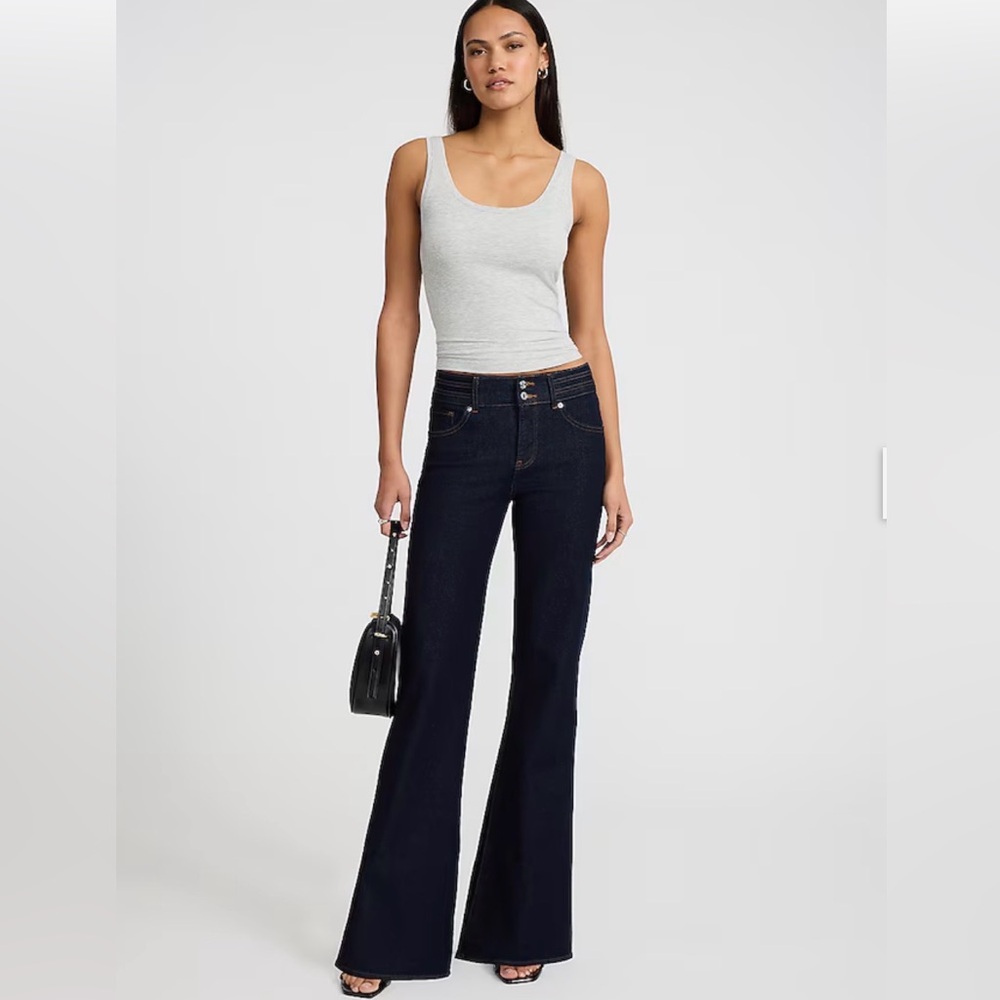 NWT EXPRESS Mid Rise Dark Wash Double Waistband 'Women's 70s Flare Jeans Sz 16S